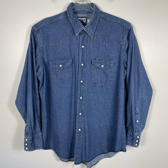 Vtg Wrangler 80s Pearl Snap Western Denim Shirt Men 17.5 X 34 X-Long Tails USA - Picture 1 of 13